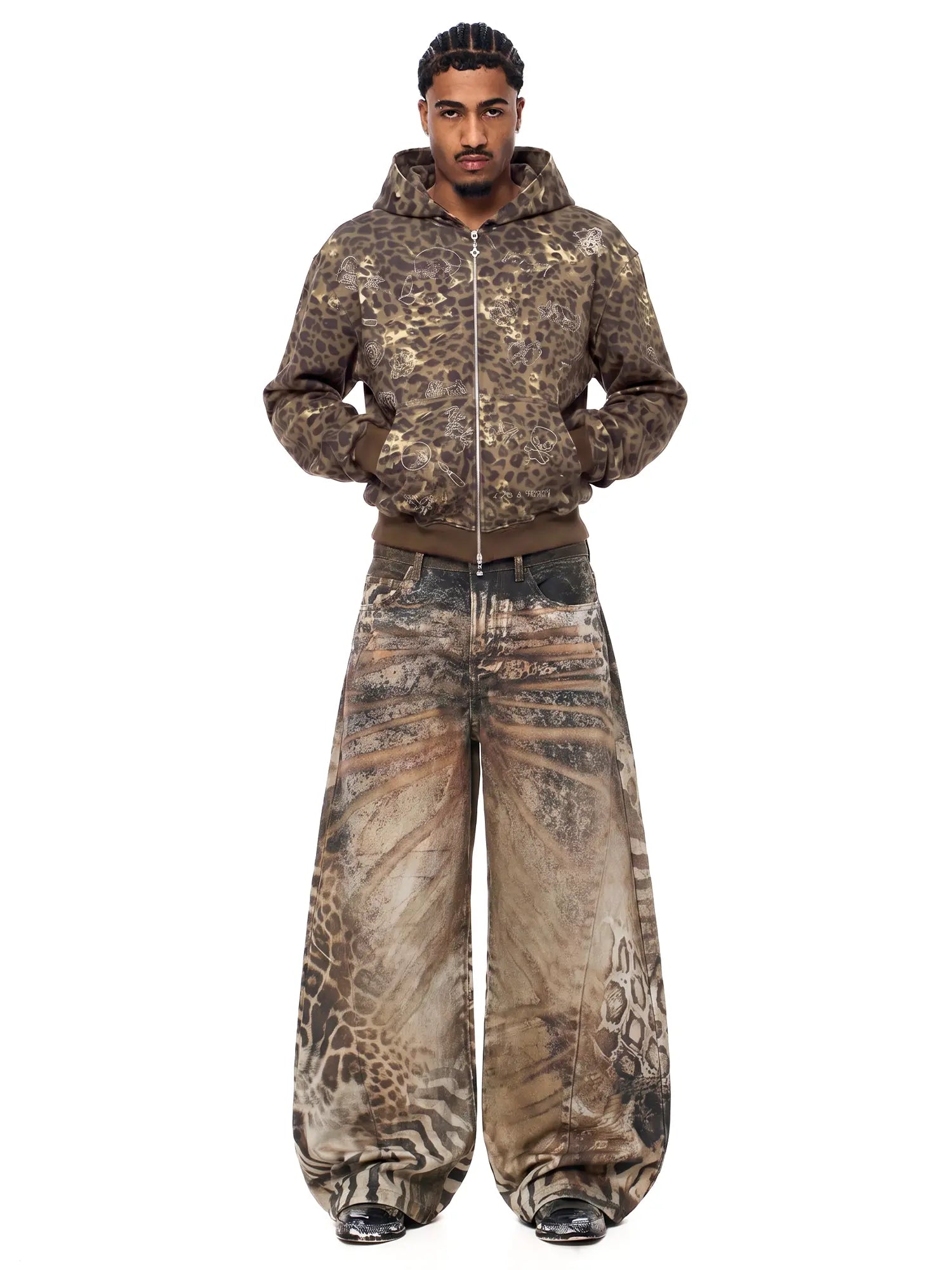 FDR Unisex Animal Print Baggy Jeans, Vintage Washed Wide Leg Barrel Pants, Leopard Pattern Loose Fit Denim Trousers, Casual Retro Style Bottoms for Everyday Wear, Streetwear & Easy Outfits #Summervibes Summerwins